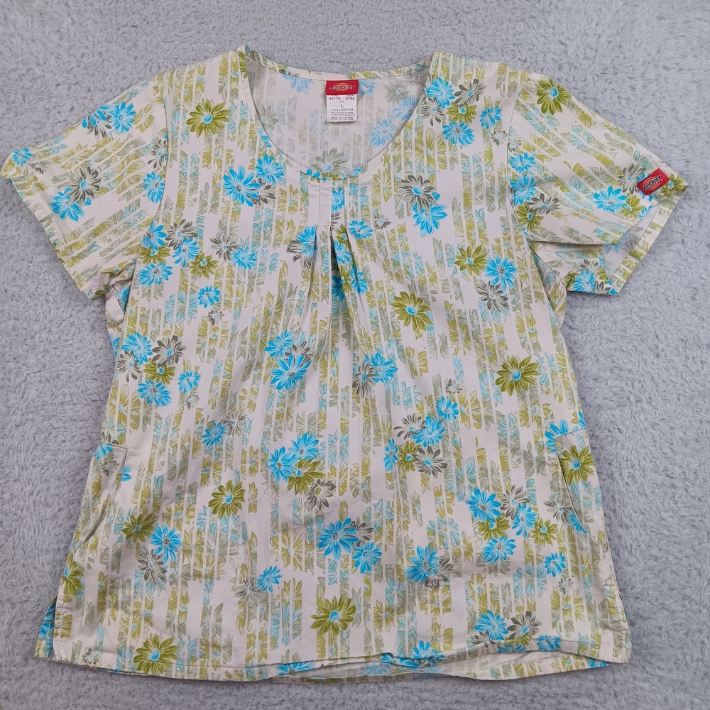 Dickies Scrub Top 82770 Women L Blue Green Floral Cotton Stretch 82770